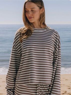 Daily Drills Striped Crewneck Sweatshirt in Taupe and White